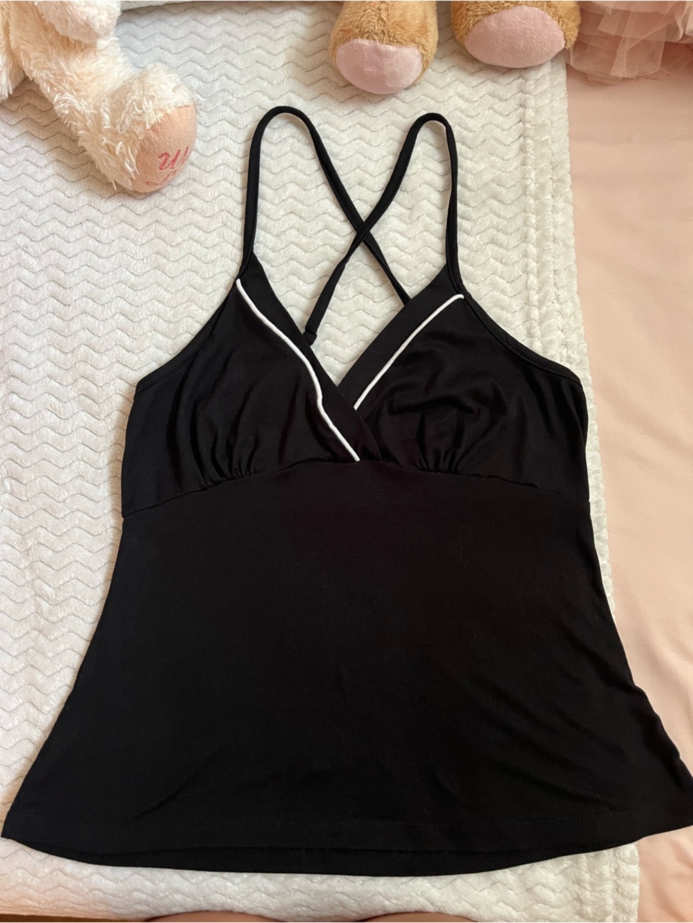 Thrifted Y2K Black Strappy Swimtop with White Piping